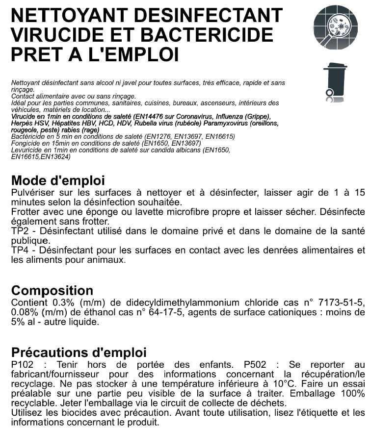 HOLTS Désinfectant Mains et Surfaces - Bactéricide et virucide