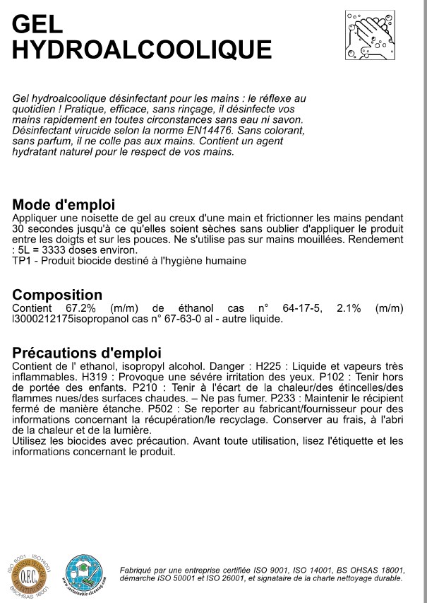 Antisepsie des mains : GEL HYDROALCOOLIQUE 5L HELVET
